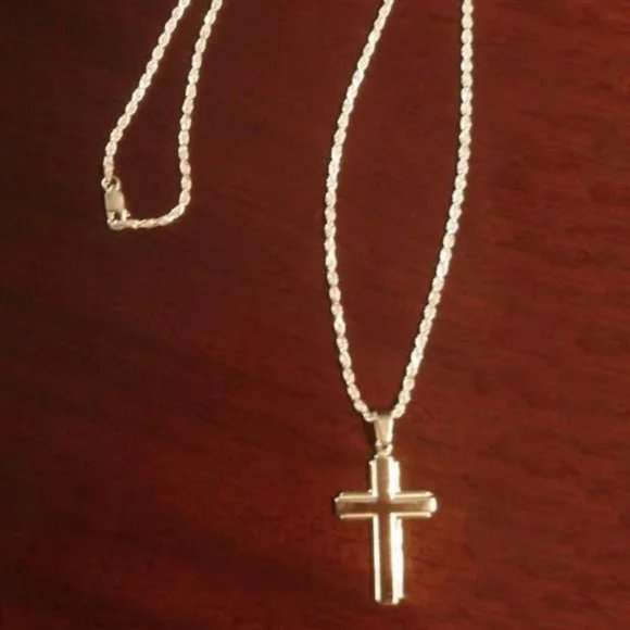 Large Real Solid Sterling Silver Cross Pendant with Rope Chain Stamped 925 Italy - Picture 3 of 4